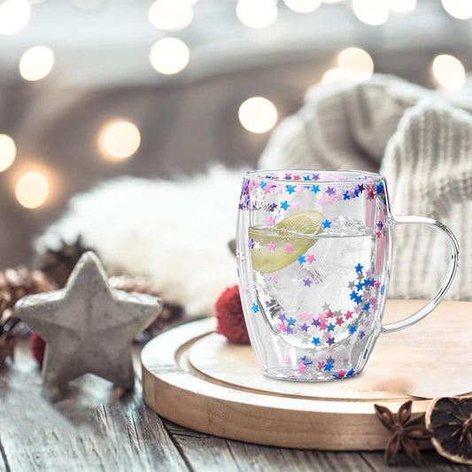 Double Walled Glass Mugs, 350ml Double Walled Star Coffee Mug, Insulated Floral Glass Mug